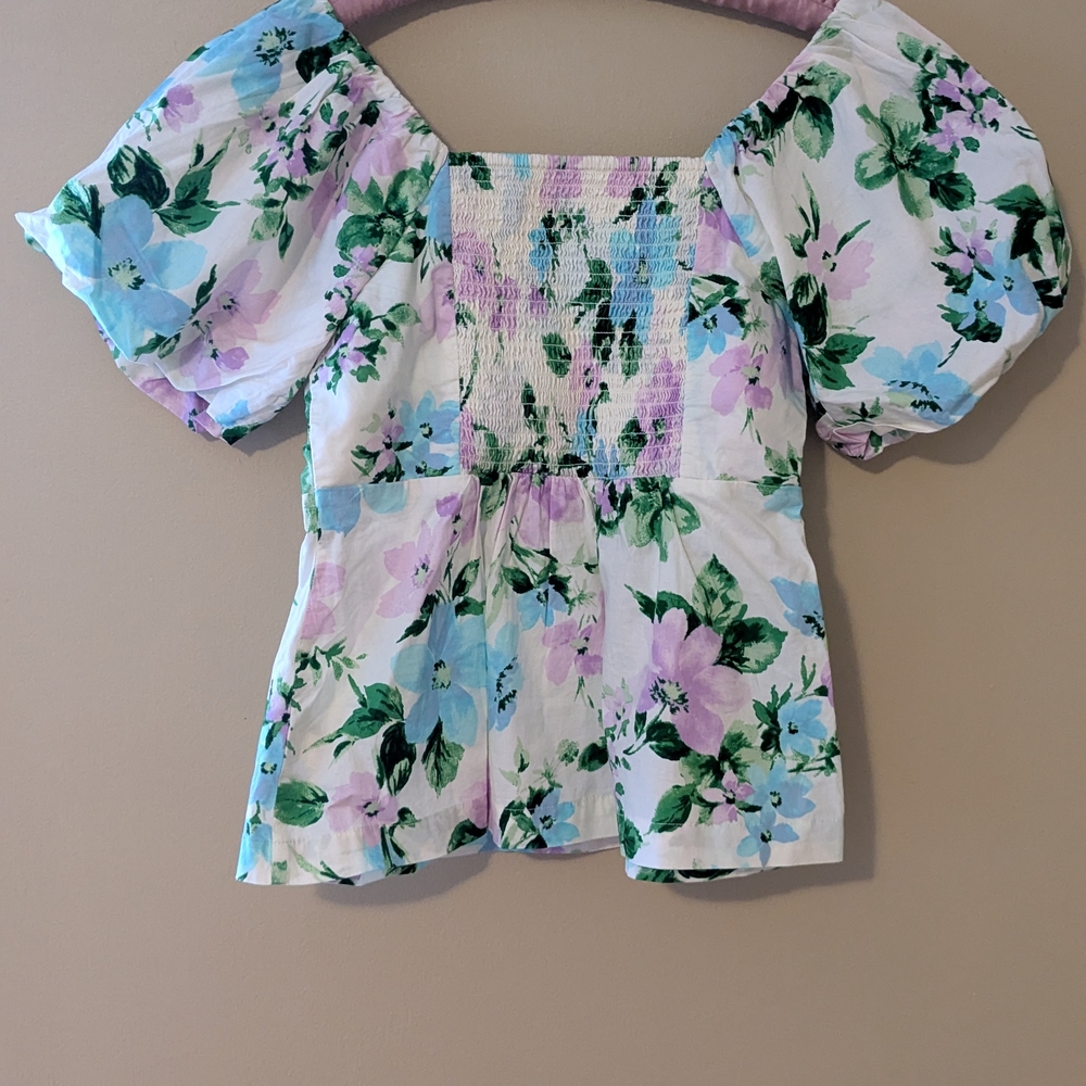 Old Navy White and Blue Smocked Ruffled Blouse